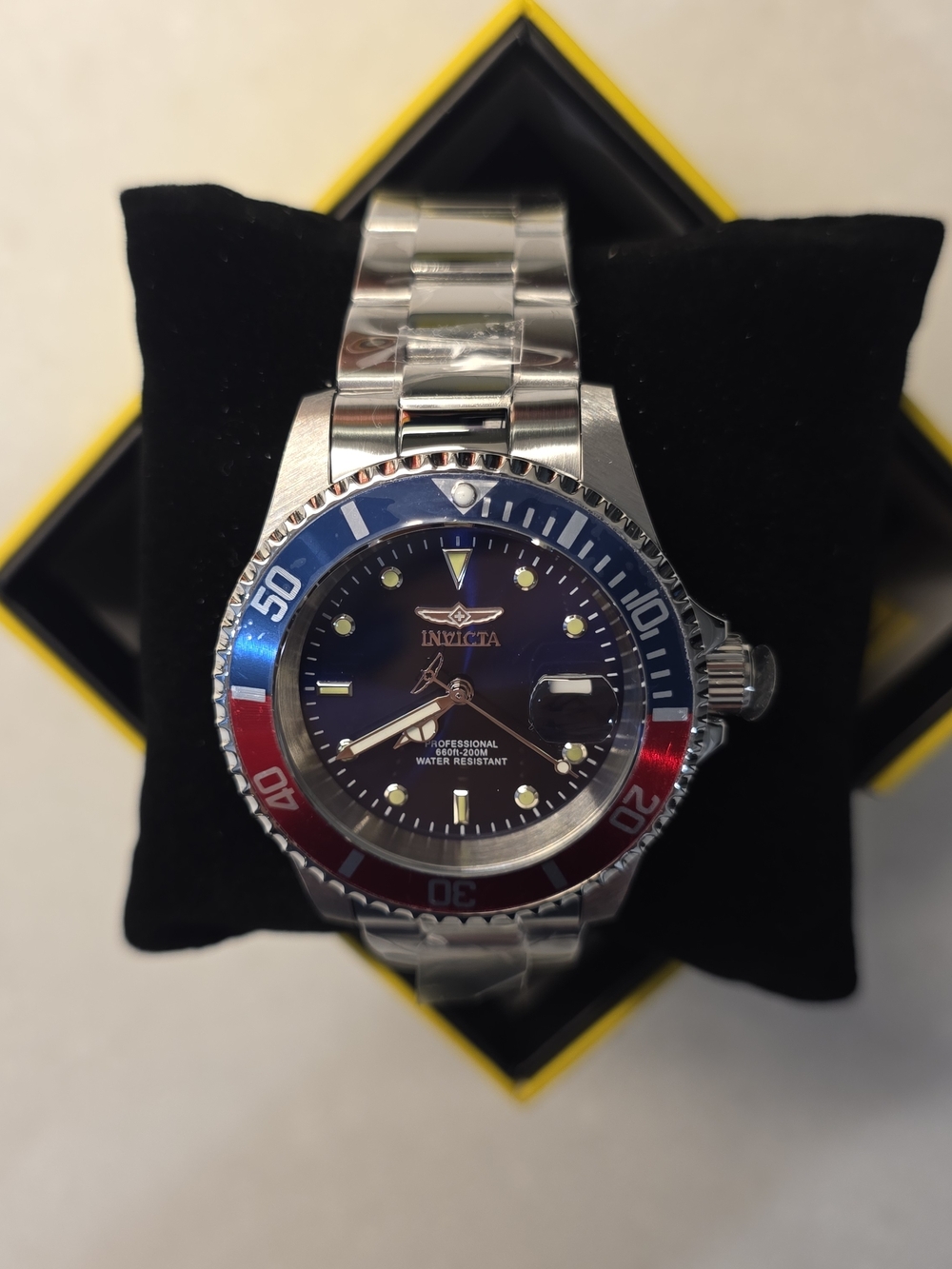 Invicta Stainless Steel Diver Watch with Blue & Red Bezel